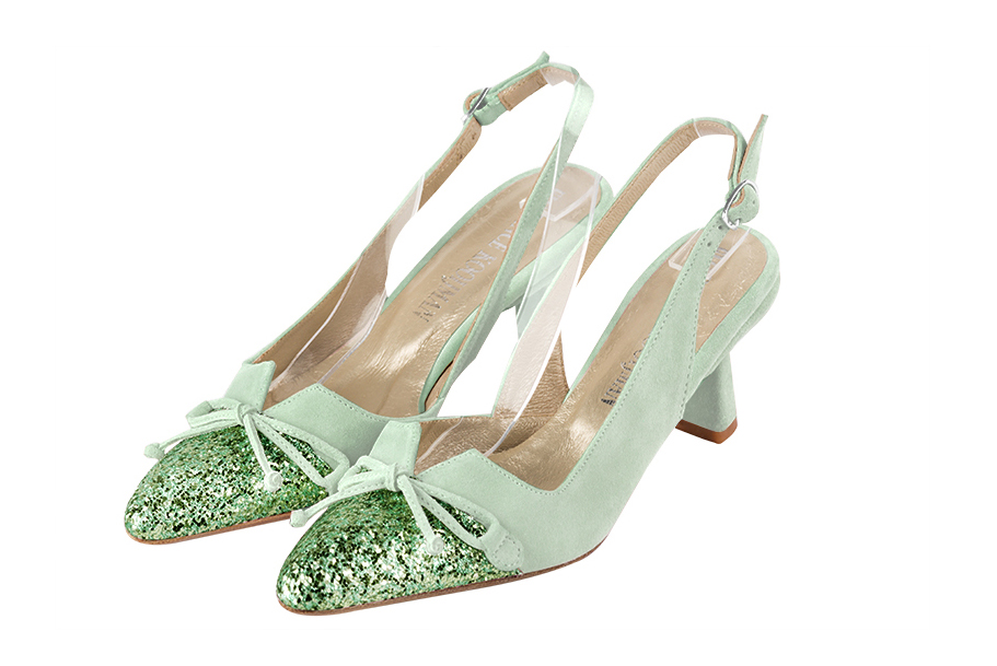 Mint green women's open back shoes, with a knot. Tapered toe. Medium spool heels. Front view - Florence KOOIJMAN